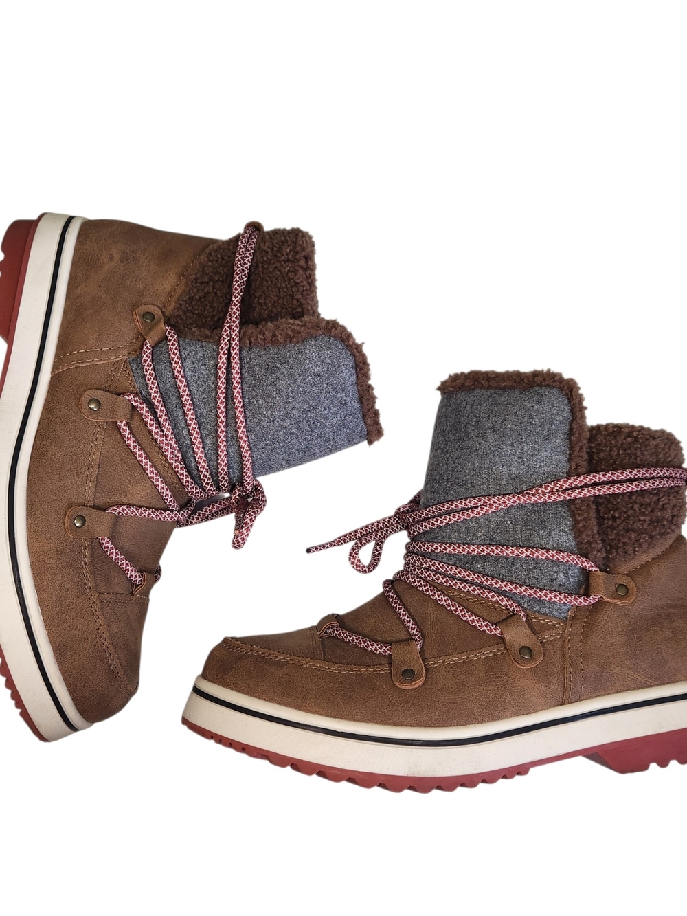 Maurices Mandy Hybrid 10 M Duck Boot Brown Grey Fuzzy Lace Up Women's Winter